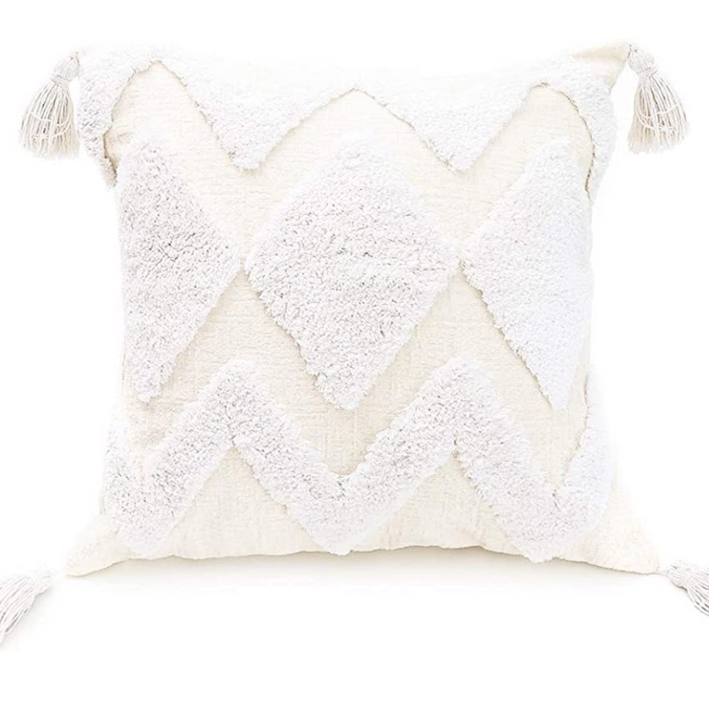 NEW Boho White Embroidered Moroccan Tufted Square Throw Pillow cover 17x17